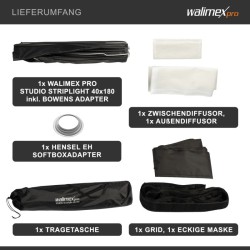 Walimex pro Studio Striplight-softbox 40x180 cm, Hensel EH- ja Bowens-adapterit, kenno ja maski