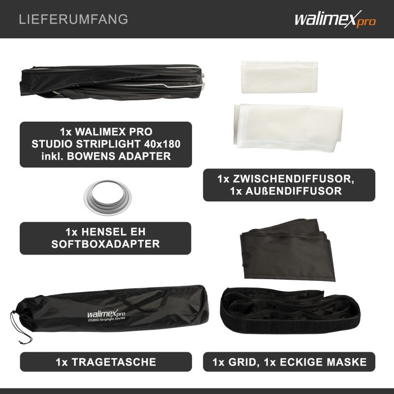 Walimex pro Studio Striplight-softbox 40x180 cm, Hensel EH- ja Bowens-adapterit, kenno ja maski