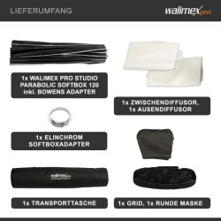 Walimex pro Parabolinen Softbox 120 cm, Elinchrom- ja Bowens-adapterit, kenno, maski ja kuljetuslaukku