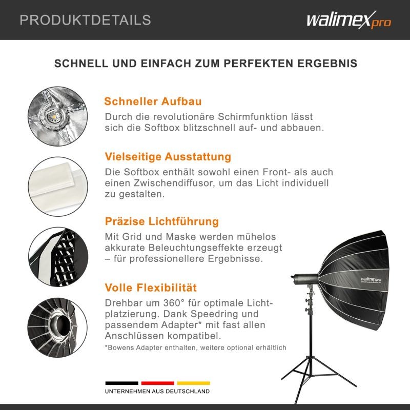 Walimex pro Parabolinen Softbox 120 cm, kenno-grid, maski, Bowens- ja Hensel EH -adapterit, kuljetuslaukku
