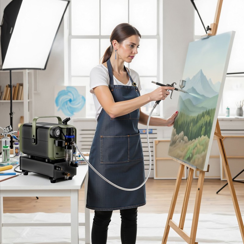 Airbrush-kompressori HS-679F, 28 l/min, 1,5 l säiliö, 3 bar, vihreä