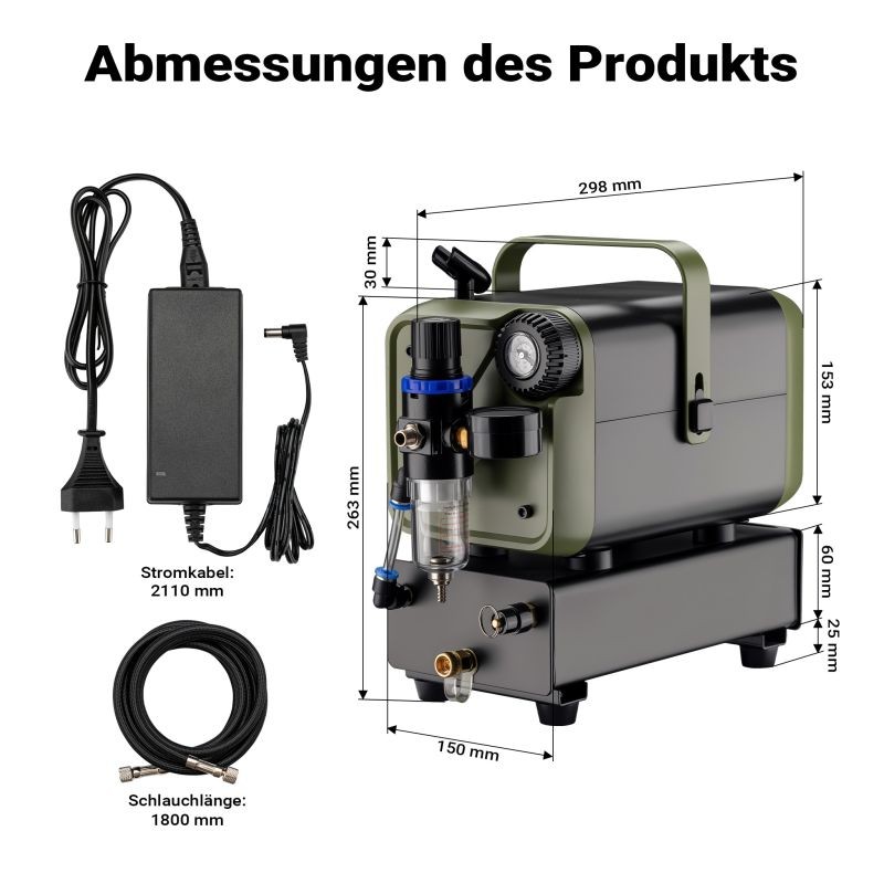 Airbrush-kompressori HS-679F, 28 l/min, 1,5 l säiliö, 3 bar, vihreä