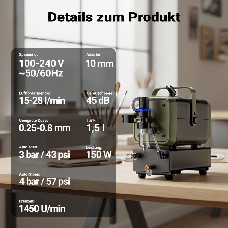 Airbrush-kompressori HS-679F, 28 l/min, 1,5 l säiliö, 3 bar, vihreä