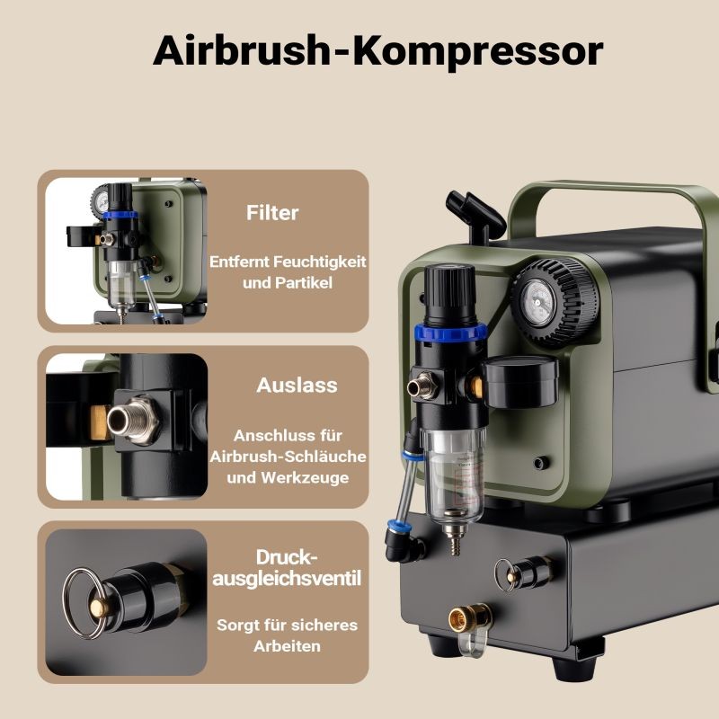 Airbrush-kompressori HS-679F, 28 l/min, 1,5 l säiliö, 3 bar, vihreä
