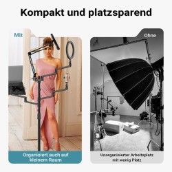 4-in-1-kamerajalusta rengasvalolla ja pyörillä, 3 valotilaa, musta