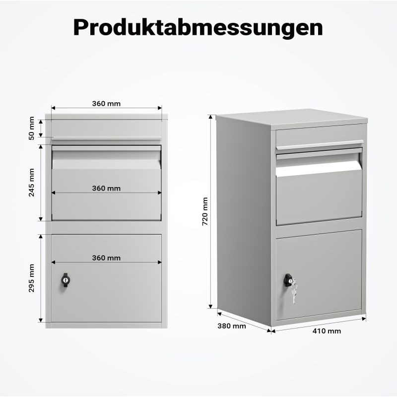 Pakettilaatikko harmaa 410 x 380 x 720 mm, lukittava, jauhemaalattu teräs