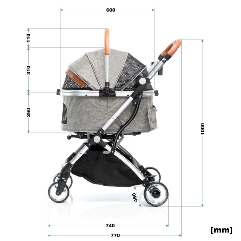 Fudajo 2in1-koiravaunut, harmaa, alumiini, irrotettava kuljetuskori, max 15 kg