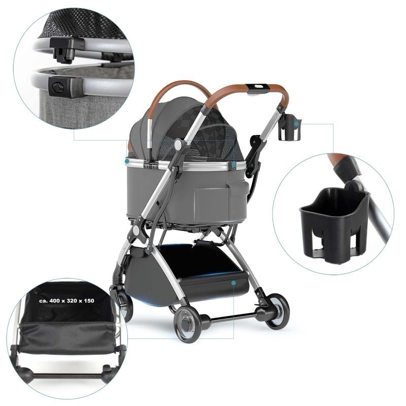 Fudajo 2in1-koiravaunut, harmaa, alumiini, irrotettava kuljetuskori, max 15 kg