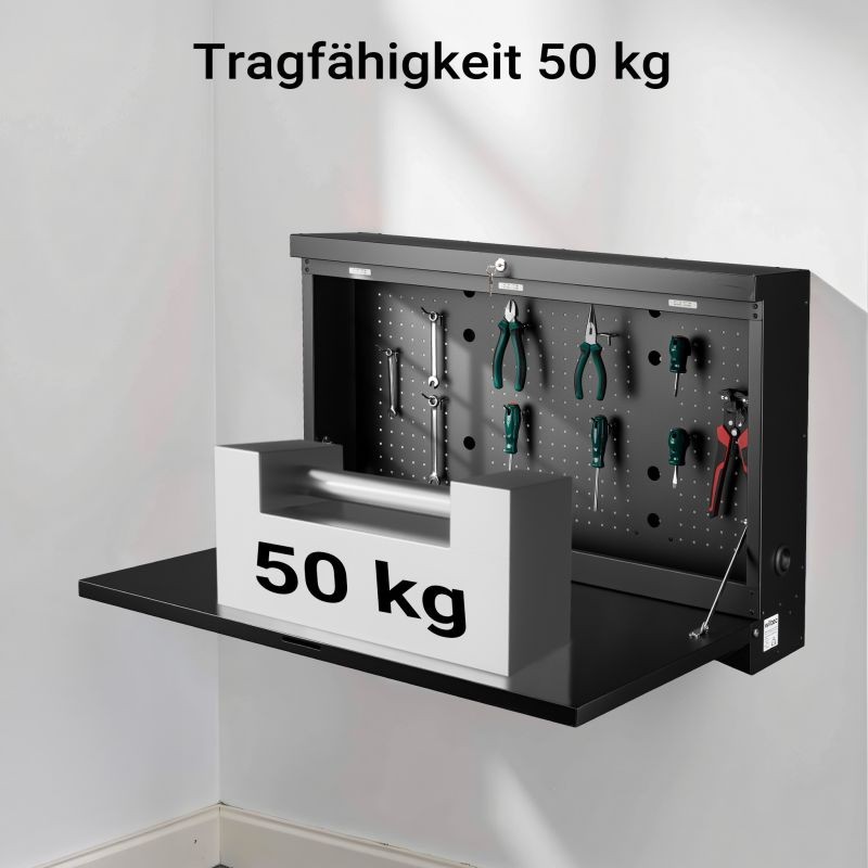 Taitettava seinätyöpöytä 91,2 x 69 x 61 cm, musta, lukittava, työkaluseinällä, max 50 kg