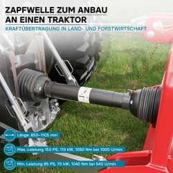 Voimansiirtokardaani T8 850-935 mm 1240 Nm 540 rpm 110 kW 150 PS 6 hammasta