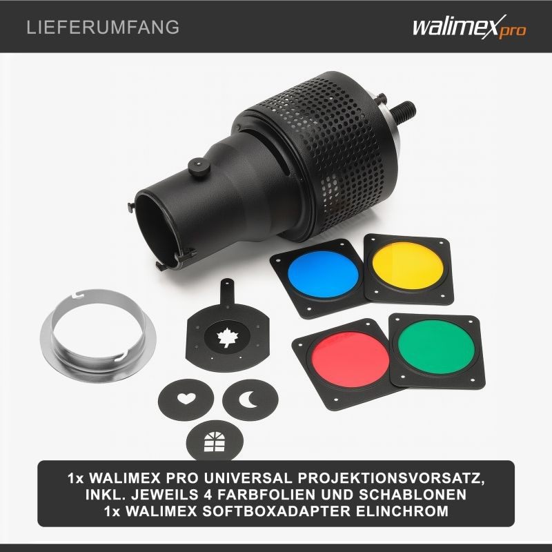 Walimex Universal projektioyksikkö Elinchrom-yhteensopiva, 270 x 160 x 160 mm, 4 värisuodatinta ja 4 goboa