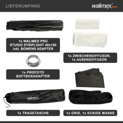 Walimex pro Studio Striplight-softbox 40x180 cm, Profoto- ja Bowens-adapterit, kenno, maski, kuljetuslaukku