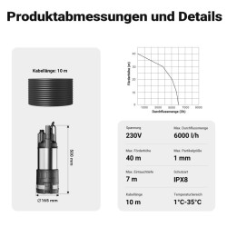 Uppopumppu 1200 W, 6000 l/h, 40 m nostokorkeus, 7 m uppomaisuus, kellukskytkin ja kuivakäyntisuoja