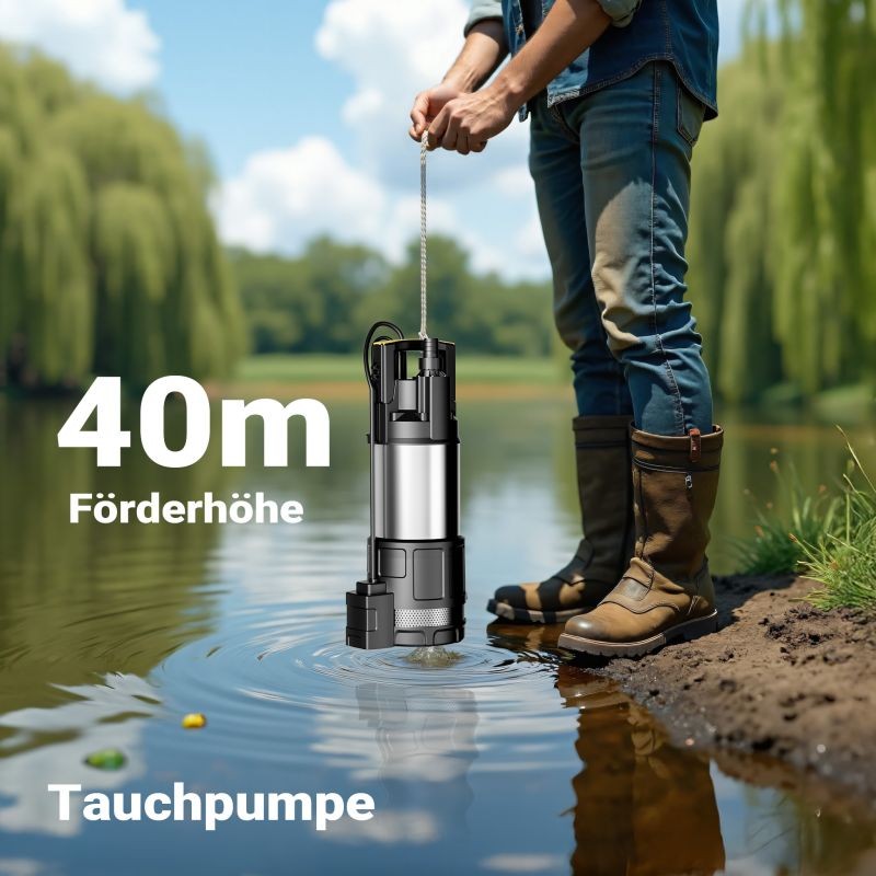 Uppopumppu 1200 W, 6000 l/h, 40 m nostokorkeus, 7 m uppomaisuus, kellukskytkin ja kuivakäyntisuoja