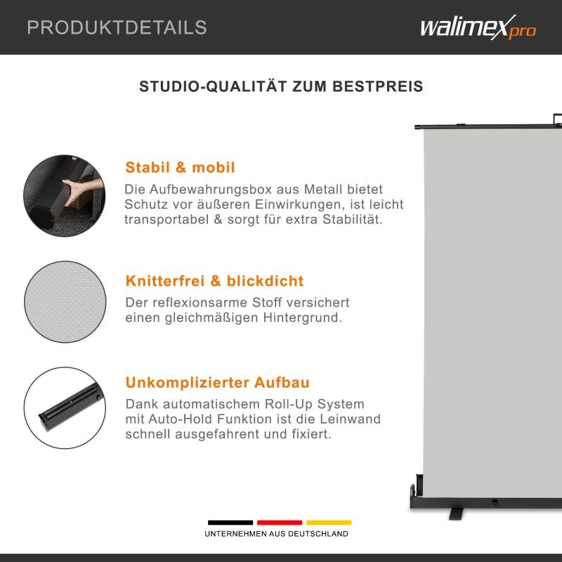 Walimex pro Rullattava taustajärjestelmä harmaa 155 x 200 cm, kuljetuslaatikolla