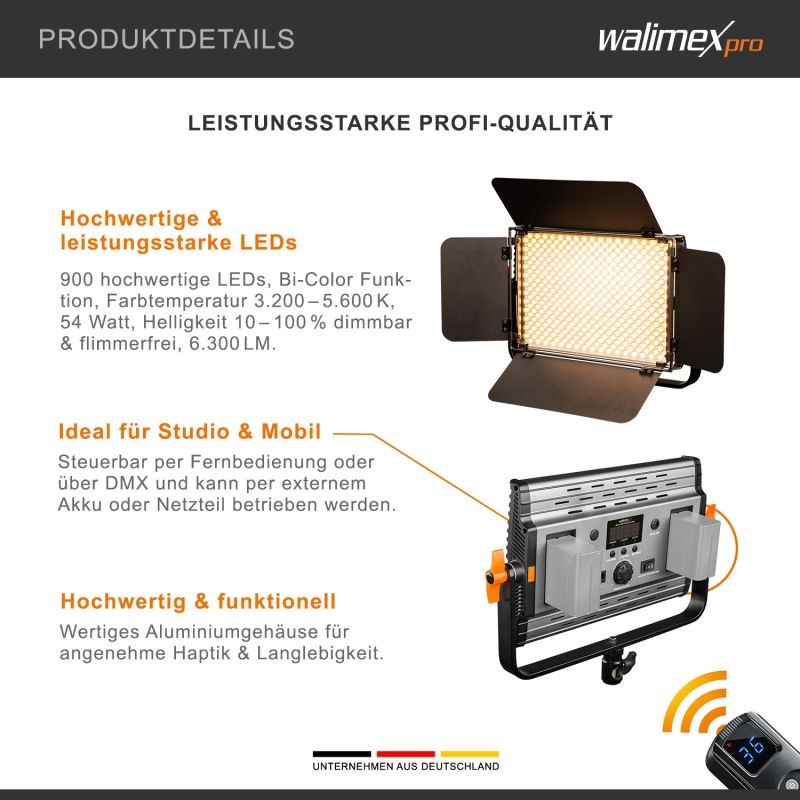 Walimex pro Niova 900 Plus Bi Color LED-paneelivalaisin, 54 W, kaukosäätimellä