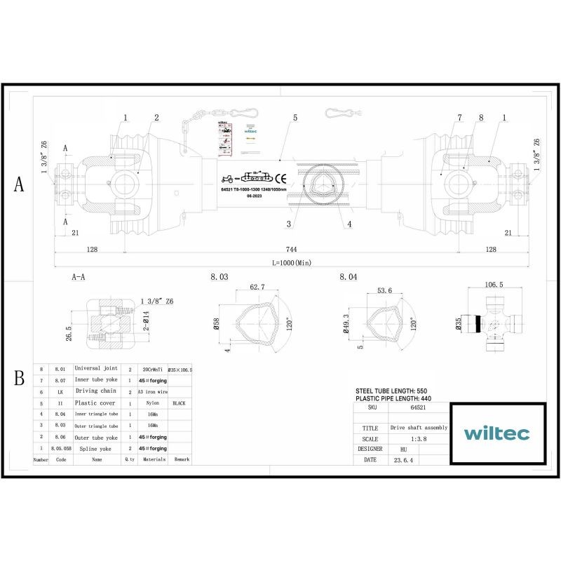 Voimansiirtokardaani T8 1000-1100 mm 1240 Nm 540 kierr/min 110 kW 150 PS 6 hammasta