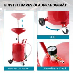 Öljynkeräysvaunu 80 l, korkeussäädettävä 122-168 cm, paineilmakäyttöinen tyhjennys, punainen