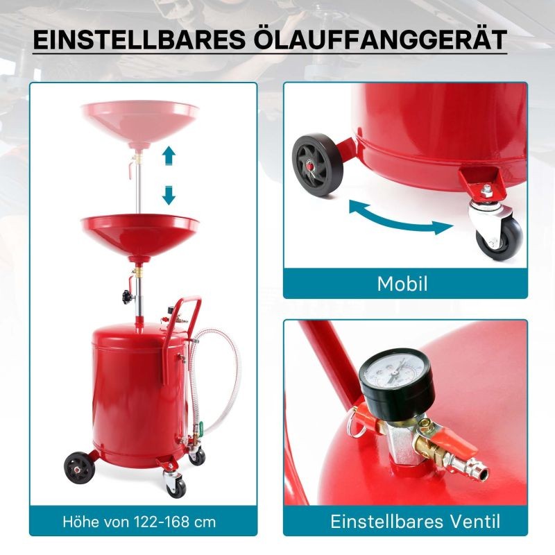 Öljynkeräysvaunu 80 l, korkeussäädettävä 122-168 cm, paineilmakäyttöinen tyhjennys, punainen