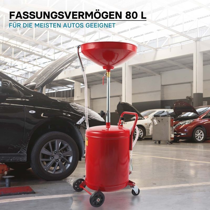 Öljynkeräysvaunu 80 l, korkeussäädettävä 122-168 cm, paineilmakäyttöinen tyhjennys, punainen