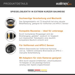 Walimex pro 800/8,0 DX peiliobjektiivi 800 mm T2-liitäntä, täyskenno/APS-C/MFT