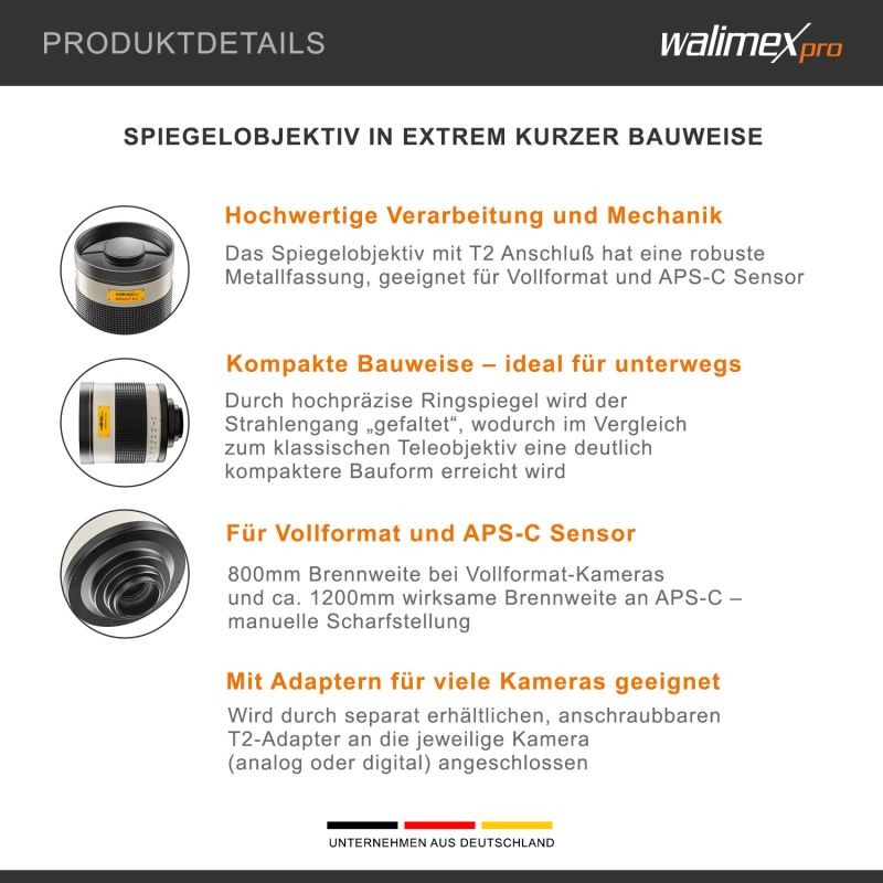 Walimex pro 800/8,0 DX peiliobjektiivi 800 mm T2-liitäntä, täyskenno/APS-C/MFT
