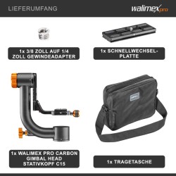 Walimex pro Carbon Gimbal Head C15 hiilikuituinen gimbal-pää, 15 kg kantavuus, Arca Swiss