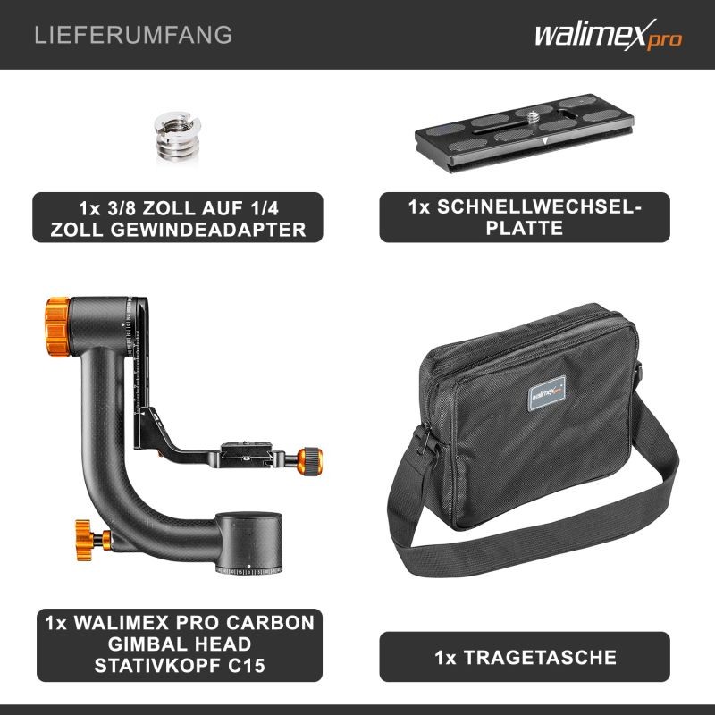 Walimex pro Carbon Gimbal Head C15 hiilikuituinen gimbal-pää, 15 kg kantavuus, Arca Swiss