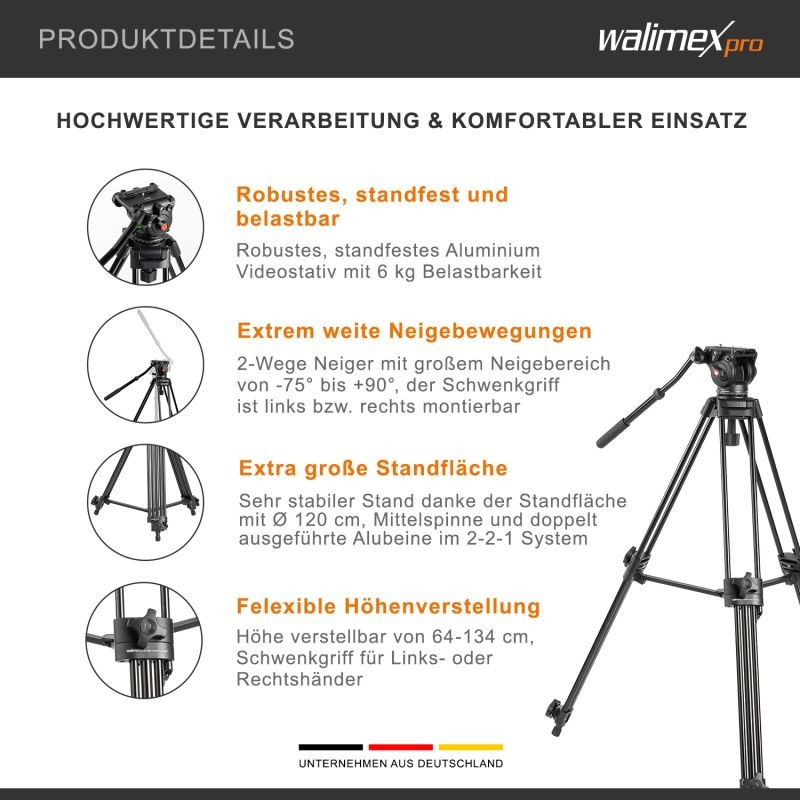 Walimex pro EI-9901 videojalka 64-134 cm, max. kantavuus 6 kg, alumiini, musta, kuljetuslaukku