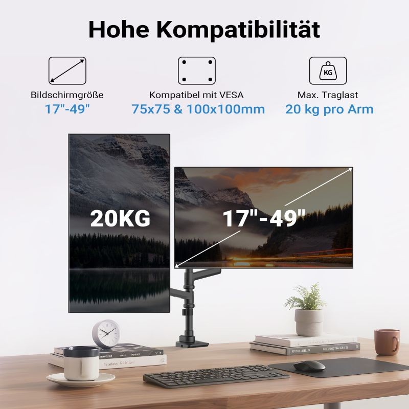 Kaksoisnäyttöteline VESA-levyllä tasaisille ja kaareville näytöille, jopa 20 kg, musta, pöytäpuristin