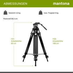 Mantona Dolomit 1300 Videojalka 188 cm, nestevaimennettu videopää, musta, sisältää kuljetuslaukun