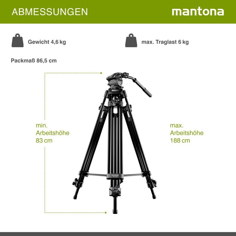 Mantona Dolomit 1300 Videojalka 188 cm, nestevaimennettu videopää, musta, sisältää kuljetuslaukun