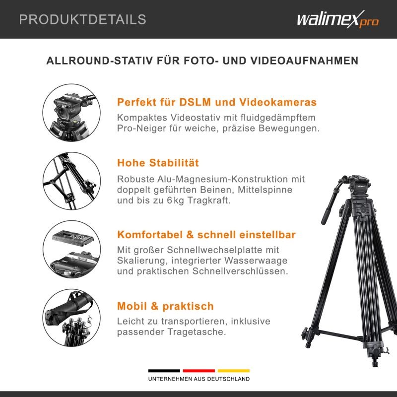 Walimex pro Cineast I videojalka, 188 cm, max. kantavuus 6 kg, musta, kantolaukulla