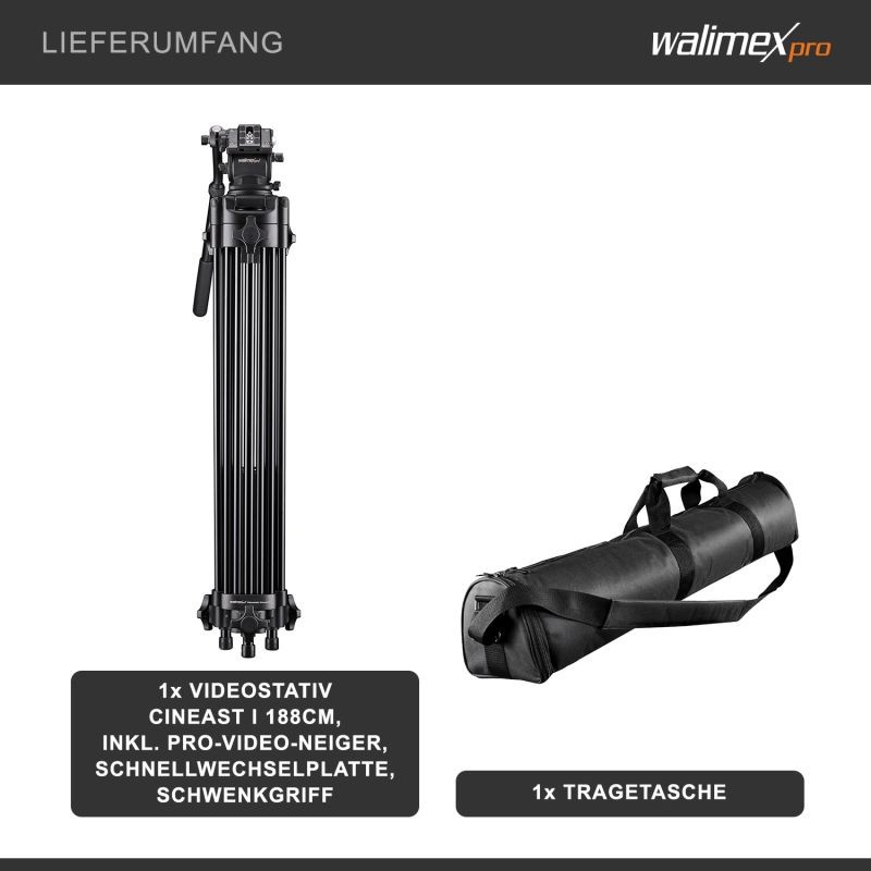 Walimex pro Cineast I videojalka, 188 cm, max. kantavuus 6 kg, musta, kantolaukulla