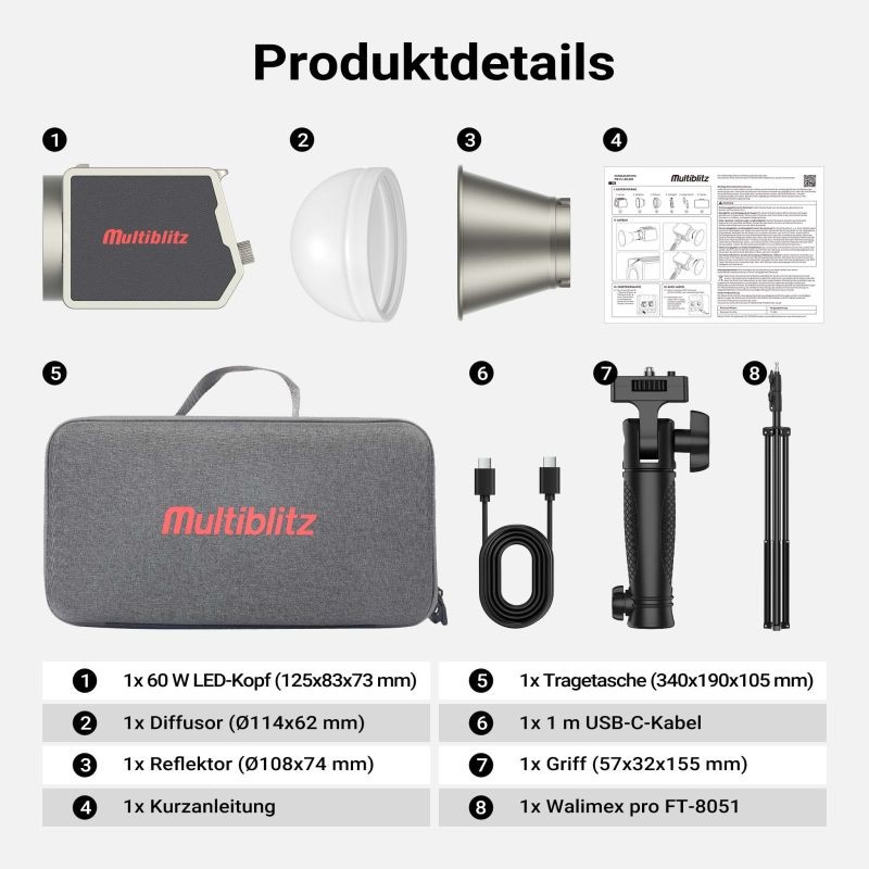 Multiblitz MB-PL LED 60B 60 W LED-valaisin ja FT-8051 valojalka 260 cm valaistussetti