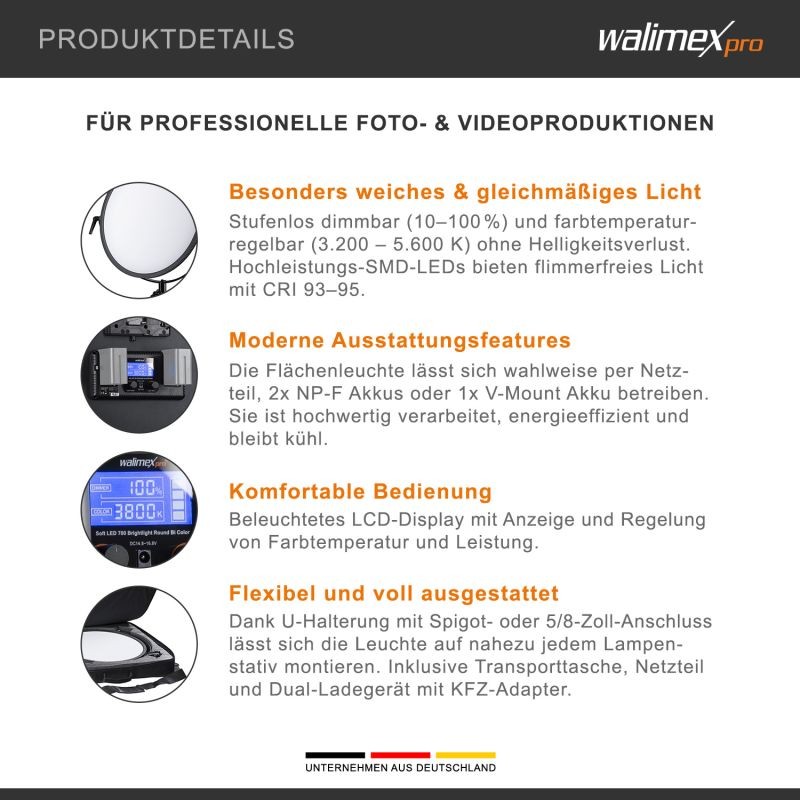 Walimex pro Soft LED 700 Brightlight Round Bi Color pyöreä LED-paneeli, 60 W, 3200-5600 K