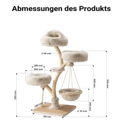 Fudajo Kiipeilypuu 130 cm, oksamainen muotoilu, sisal ja plüshi, riippumatto