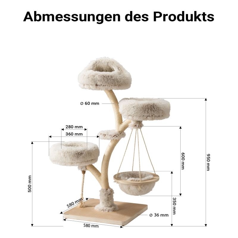 Fudajo Kiipeilypuu 130 cm, oksamainen muotoilu, sisal ja plüshi, riippumatto