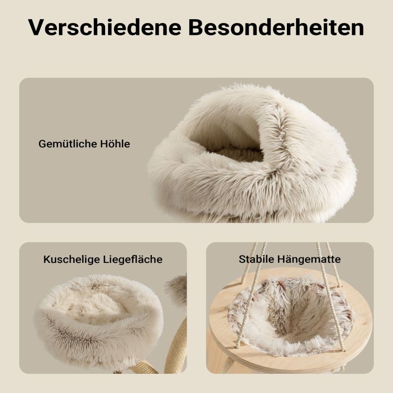 Fudajo Kiipeilypuu 130 cm, oksamainen muotoilu, sisal ja plüshi, riippumatto