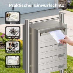 4-osainen postilaatikkoteline, ruostumaton teräs, hopea, 556 x 270 x 1500 mm