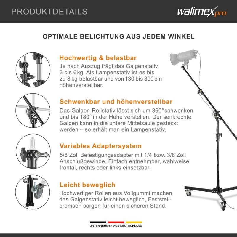 Walimex pro puomijalka pyörillä, 130-390 cm, teleskooppipuomi 115-215 cm, softboxeille ja heijastimille