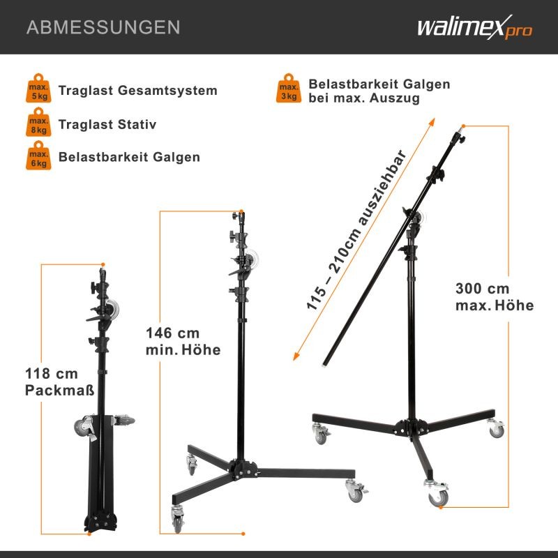 Walimex pro puomijalka pyörillä, 130-390 cm, teleskooppipuomi 115-215 cm, softboxeille ja heijastimille