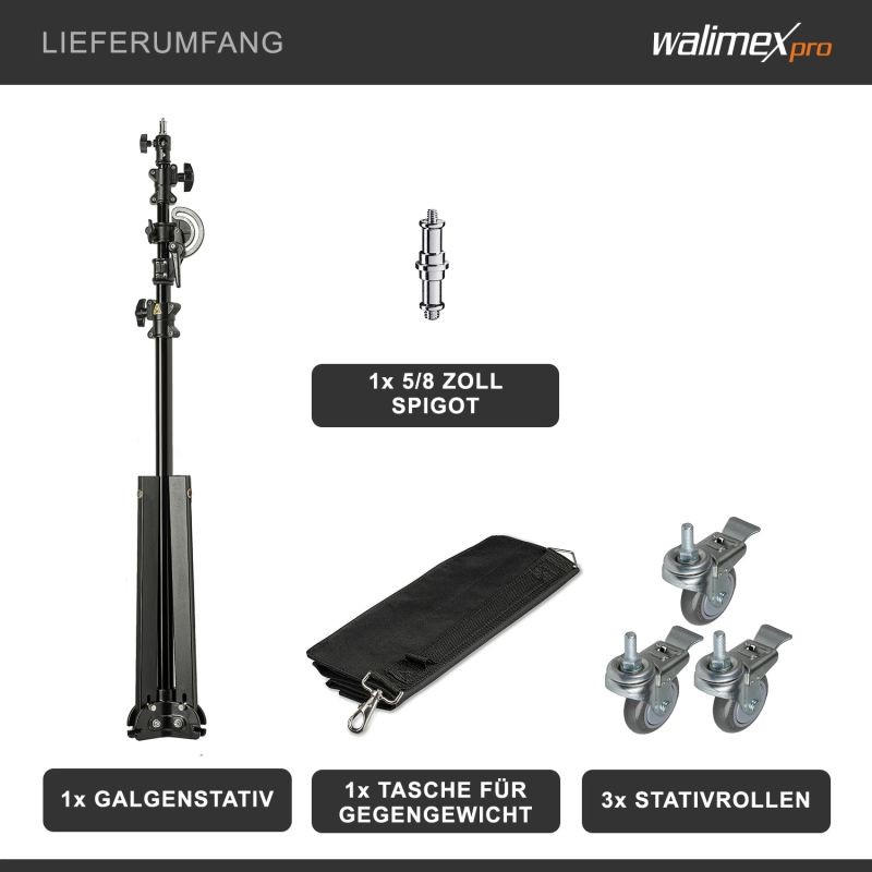 Walimex pro puomijalka pyörillä, 130-390 cm, teleskooppipuomi 115-215 cm, softboxeille ja heijastimille