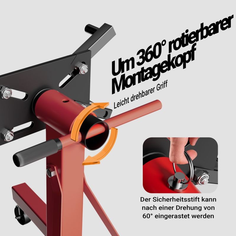 Moottorinpidike 900 kg, maalattu teräs, pyörillä, 360 asteen kääntömahdollisuus