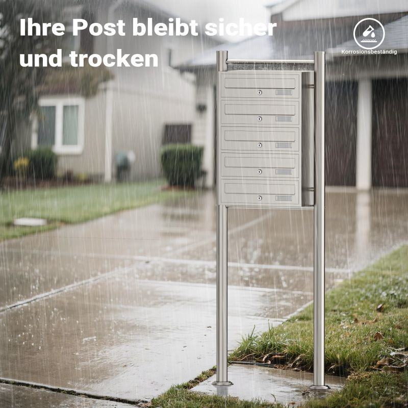 5-lokeroinen postilaatikkojärjestelmä, ruostumaton teräs, 1500 x 556 x 270 mm, hopea, jalustalla