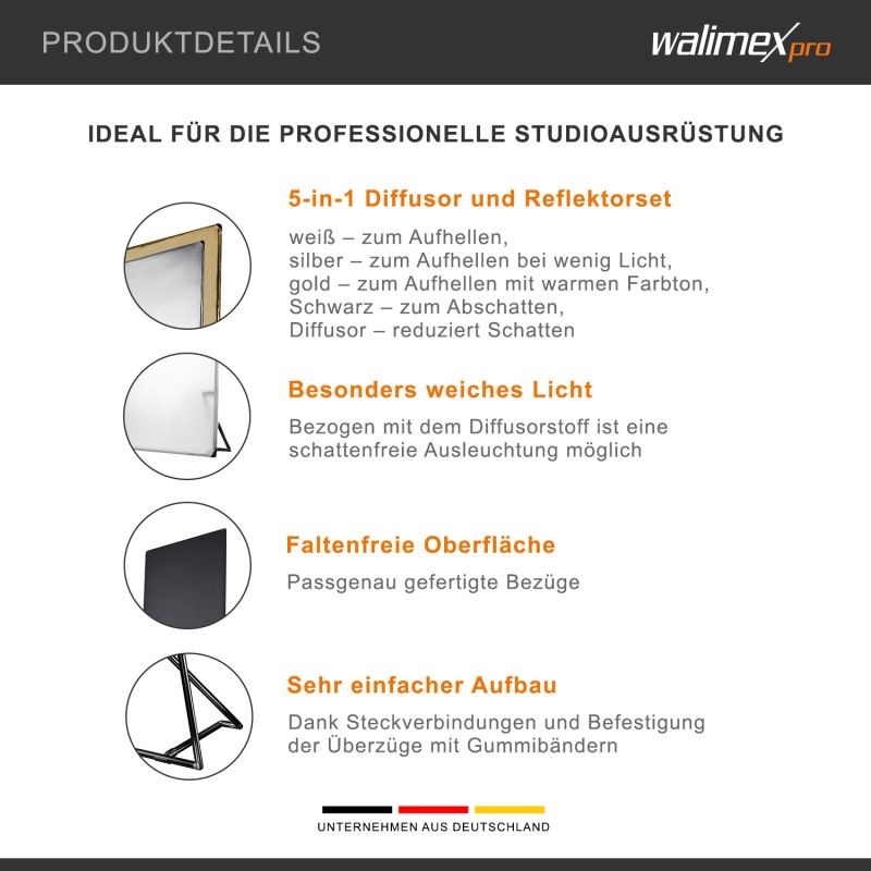 Walimex pro 5-in-1-heijastinpaneeli 100 x 200 cm, musta, valkoinen, kulta, hopea, diffuusori