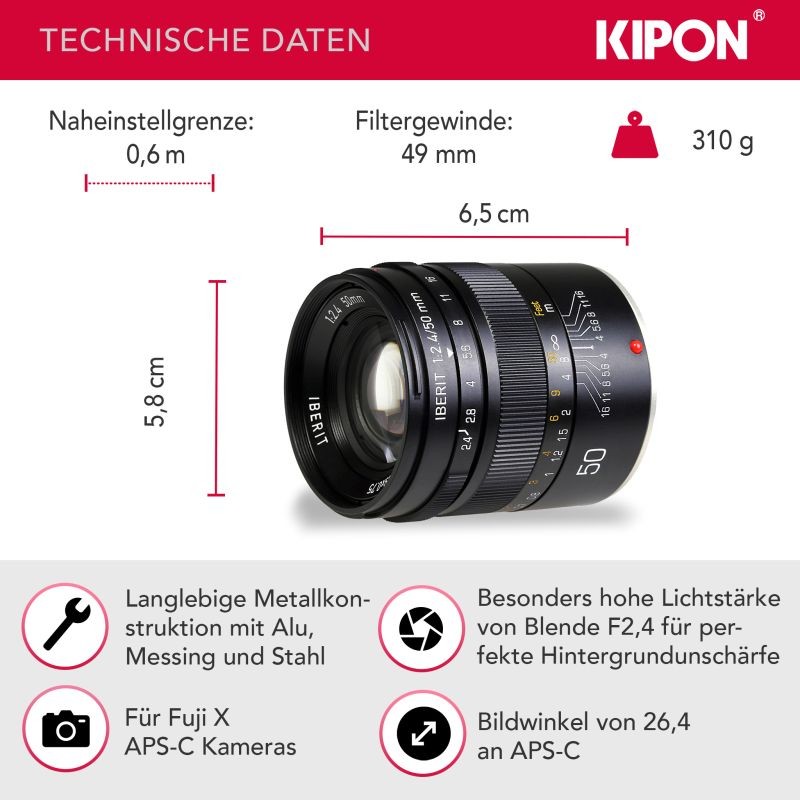 Kipon Iberit 50/2,4 full-frame-objektiivi 50 mm f/2,4, manuaalinen, Fuji X, musta