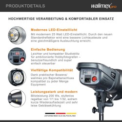 Walimex pro Emerger 200 studiosalama, 200 Ws, 2,4 GHz langaton ohjaus, LED-mallivalo