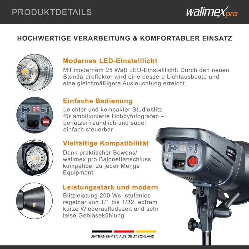 Walimex pro Emerger 200 studiosalama, 200 Ws, 2,4 GHz langaton ohjaus, LED-mallivalo
