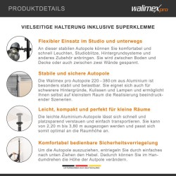 Walimex pro Autopole teleskooppitanko 220-380 cm, alumiini, musta, max. 15 kg, superkiinnike ja adapteri